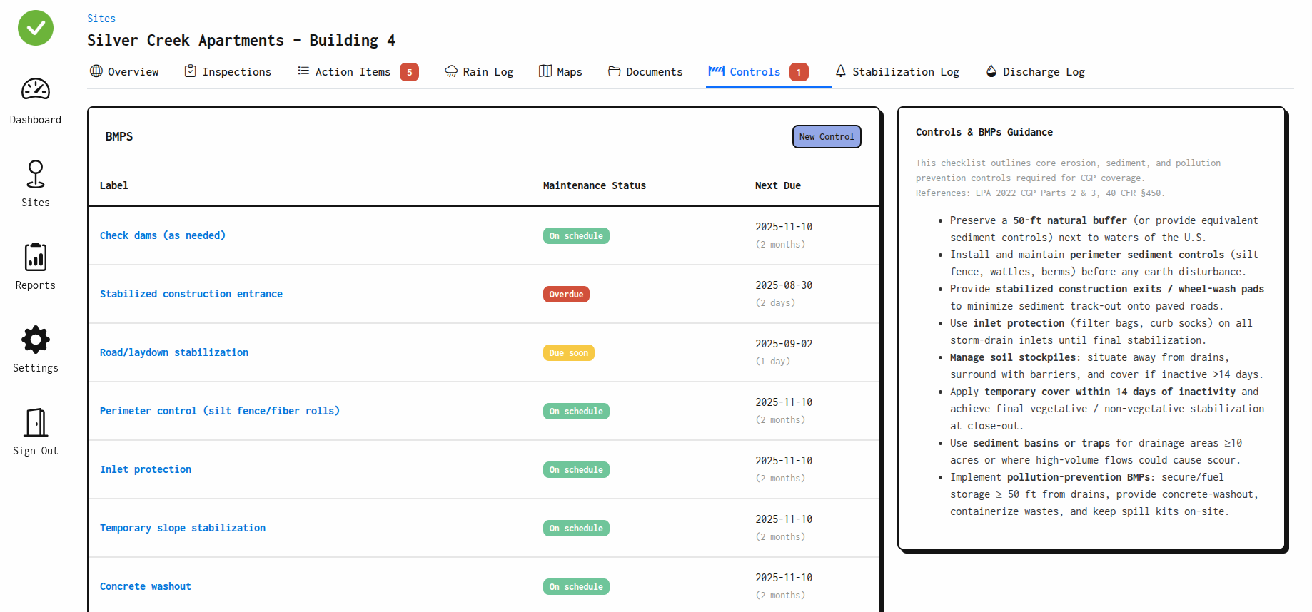 Configure BMPs and controls for SWPPP construction management